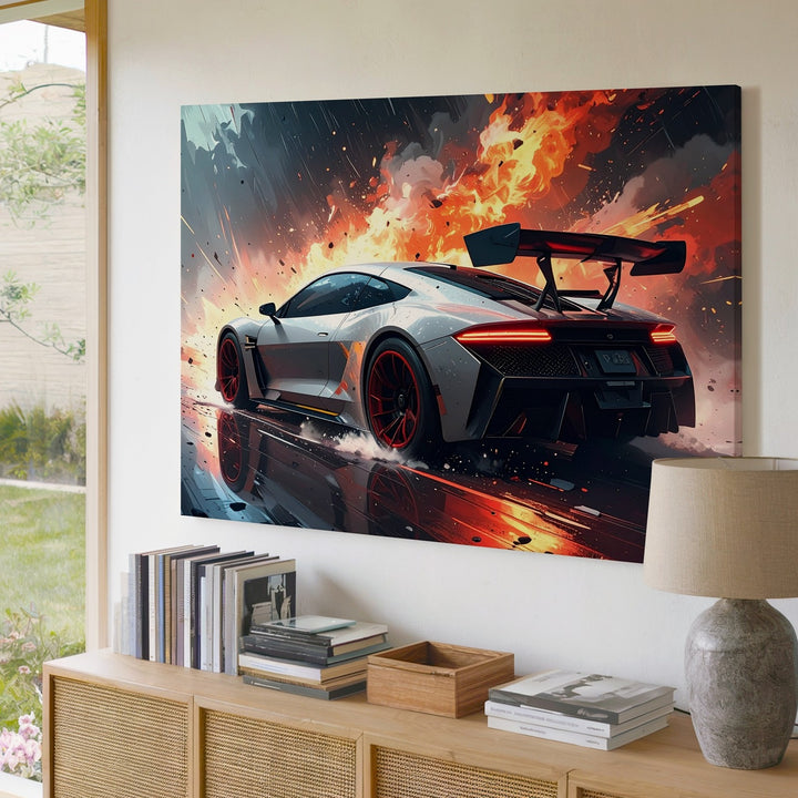 Explosive Speed Canvas – White Race Car with Red Rims in Action-Fantasy Scene - Gifitto