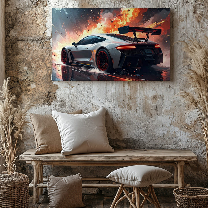 Explosive Speed Canvas – White Race Car with Red Rims in Action-Fantasy Scene - Gifitto
