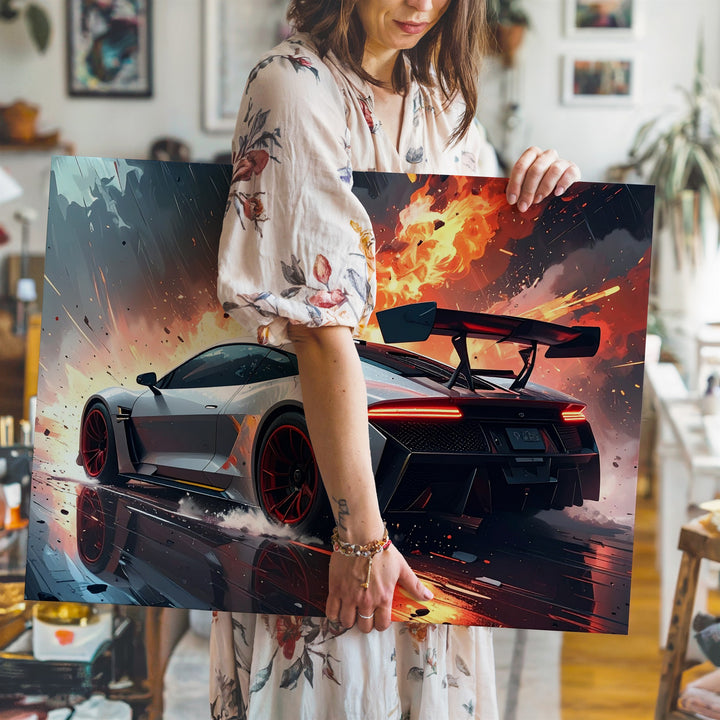 Explosive Speed Canvas – White Race Car with Red Rims in Action-Fantasy Scene - Gifitto