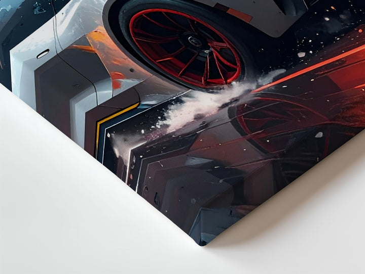 Explosive Speed Canvas – White Race Car with Red Rims in Action-Fantasy Scene - Gifitto