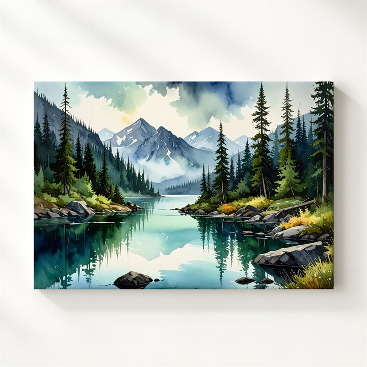 Mirror Lake Wilderness Canvas – Panoramic Alpine Scene with Pines & Mist - Gifitto
