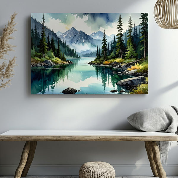 Mirror Lake Wilderness Canvas – Panoramic Alpine Scene with Pines & Mist - Gifitto