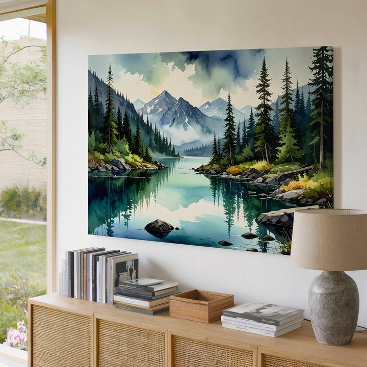 Mirror Lake Wilderness Canvas – Panoramic Alpine Scene with Pines & Mist - Gifitto