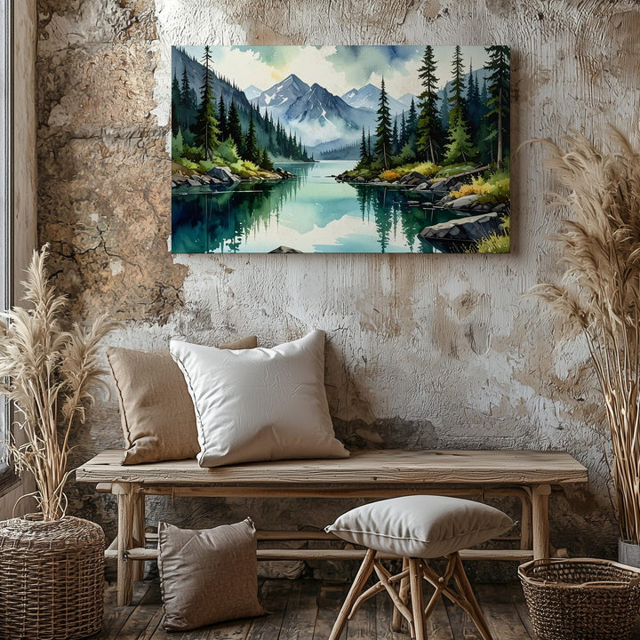 Mirror Lake Wilderness Canvas – Panoramic Alpine Scene with Pines & Mist - Gifitto