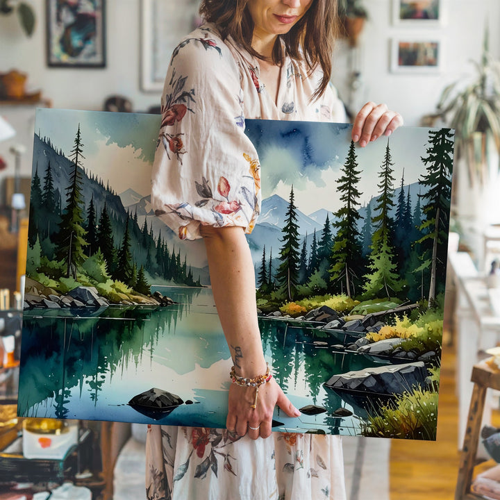 Mirror Lake Wilderness Canvas – Panoramic Alpine Scene with Pines & Mist - Gifitto