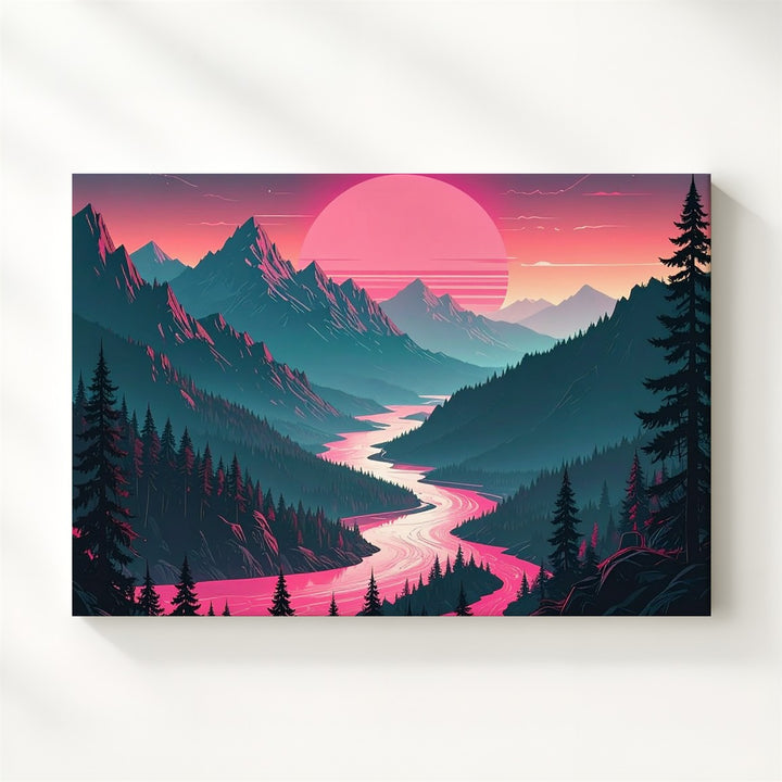 Vaporwave Eclipse Canvas – Surreal Vertical Landscape with Pink Sun & River - Gifitto