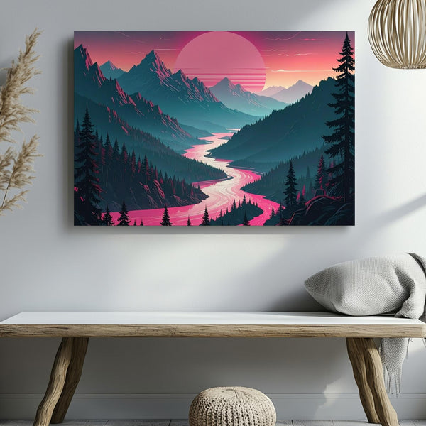 Vaporwave Eclipse Canvas – Surreal Vertical Landscape with Pink Sun & River - Gifitto