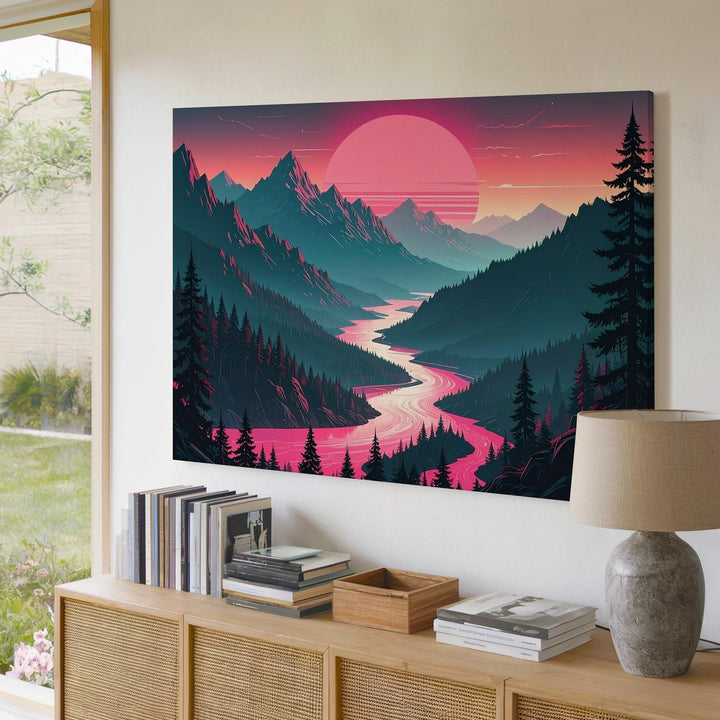 Vaporwave Eclipse Canvas – Surreal Vertical Landscape with Pink Sun & River - Gifitto