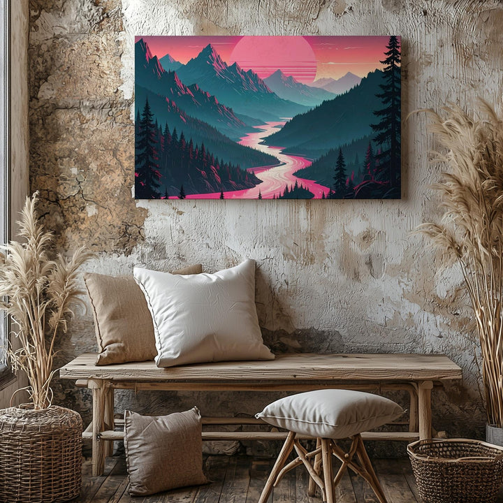 Vaporwave Eclipse Canvas – Surreal Vertical Landscape with Pink Sun & River - Gifitto
