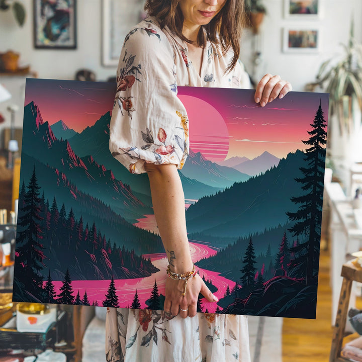 Vaporwave Eclipse Canvas – Surreal Vertical Landscape with Pink Sun & River - Gifitto
