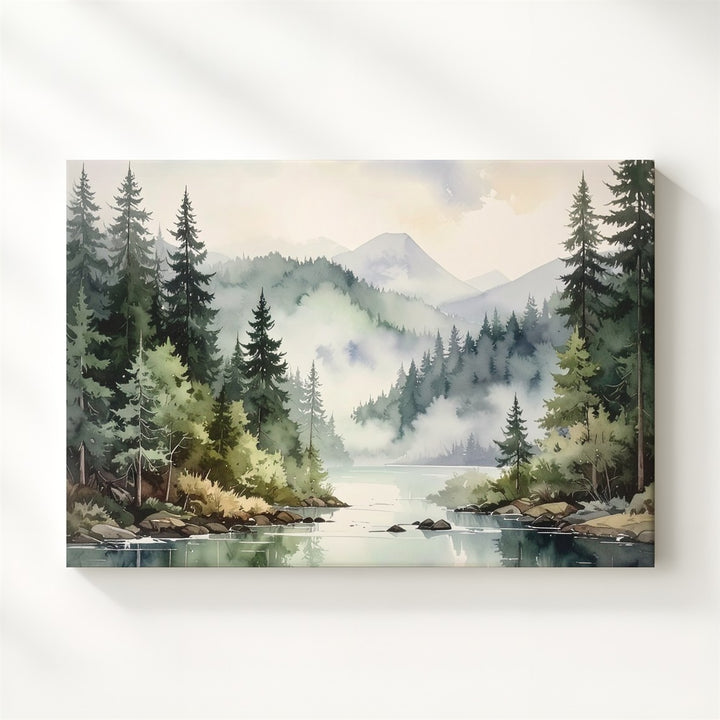 Whispering Pines Canvas – Misty Watercolor Forest with Reflective Lake - Gifitto