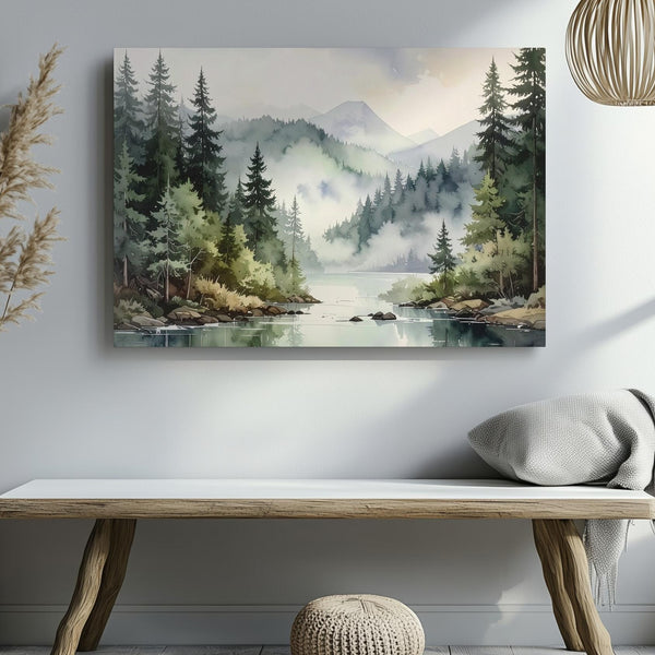 Whispering Pines Canvas – Misty Watercolor Forest with Reflective Lake - Gifitto