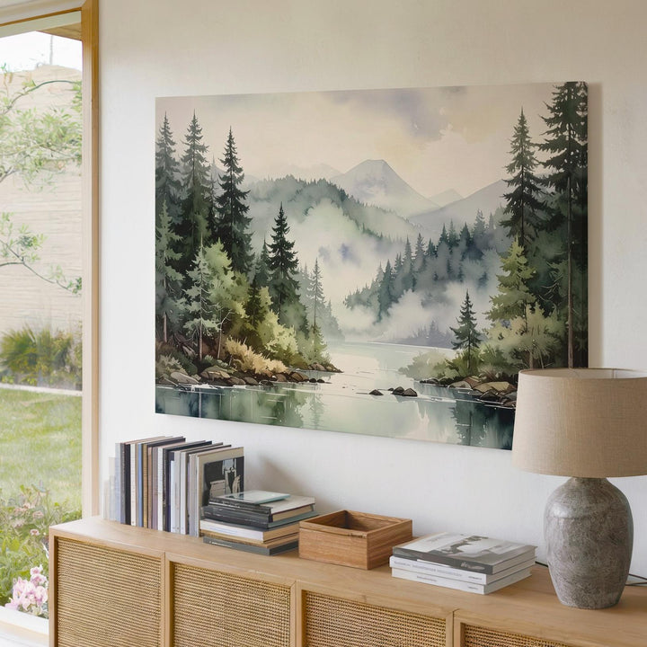 Whispering Pines Canvas – Misty Watercolor Forest with Reflective Lake - Gifitto