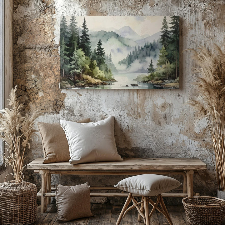 Whispering Pines Canvas – Misty Watercolor Forest with Reflective Lake - Gifitto