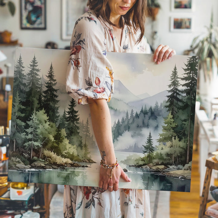 Whispering Pines Canvas – Misty Watercolor Forest with Reflective Lake - Gifitto