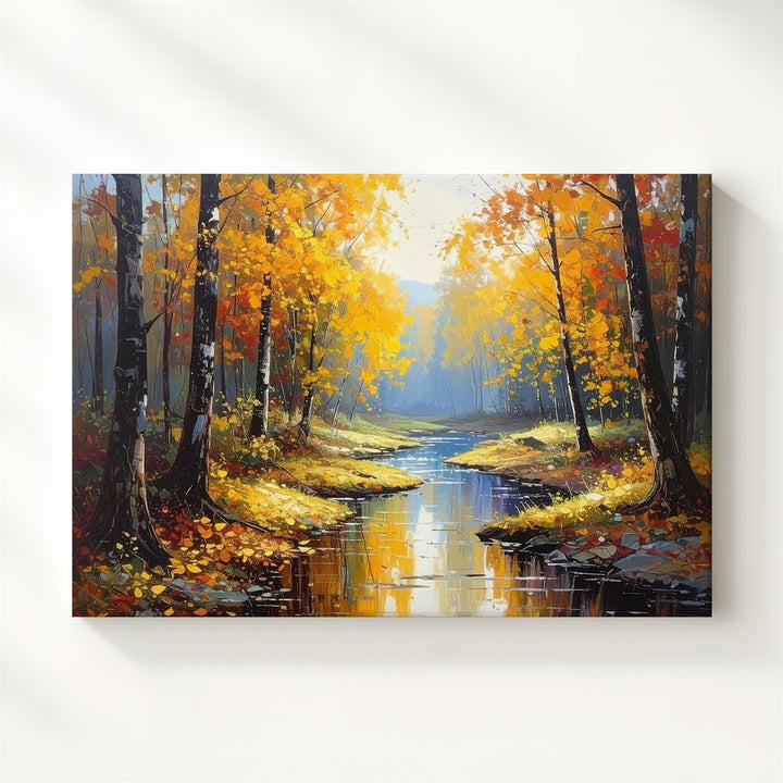 Golden Passage Canvas – Autumn Forest with Reflective Stream & Textured Trees - Gifitto