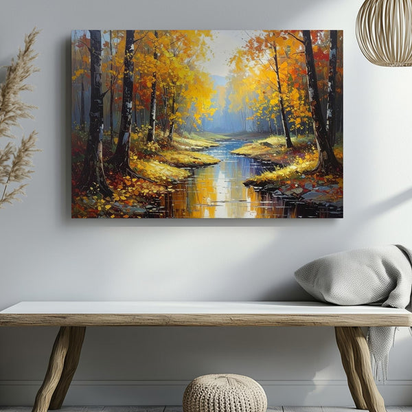 Golden Passage Canvas – Autumn Forest with Reflective Stream & Textured Trees - Gifitto