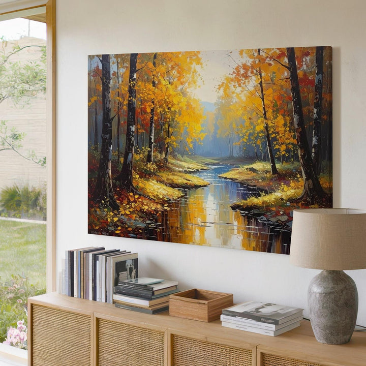 Golden Passage Canvas – Autumn Forest with Reflective Stream & Textured Trees - Gifitto
