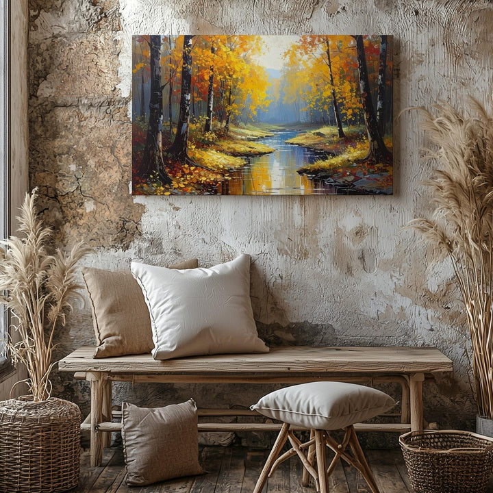 Golden Passage Canvas – Autumn Forest with Reflective Stream & Textured Trees - Gifitto