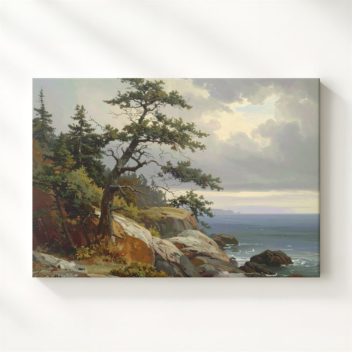 Enduring Coastline Canvas – Vertical Rocky Seascape with Lone Pine & Gray Sky - Gifitto