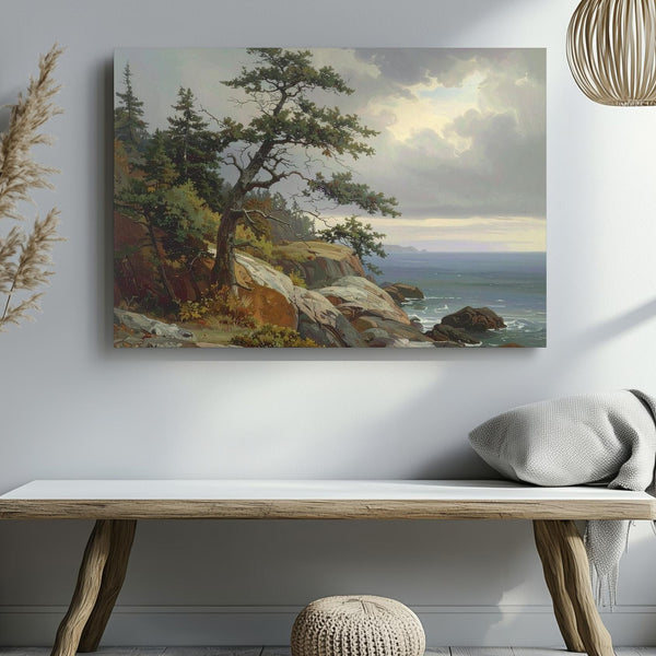 Enduring Coastline Canvas – Vertical Rocky Seascape with Lone Pine & Gray Sky - Gifitto