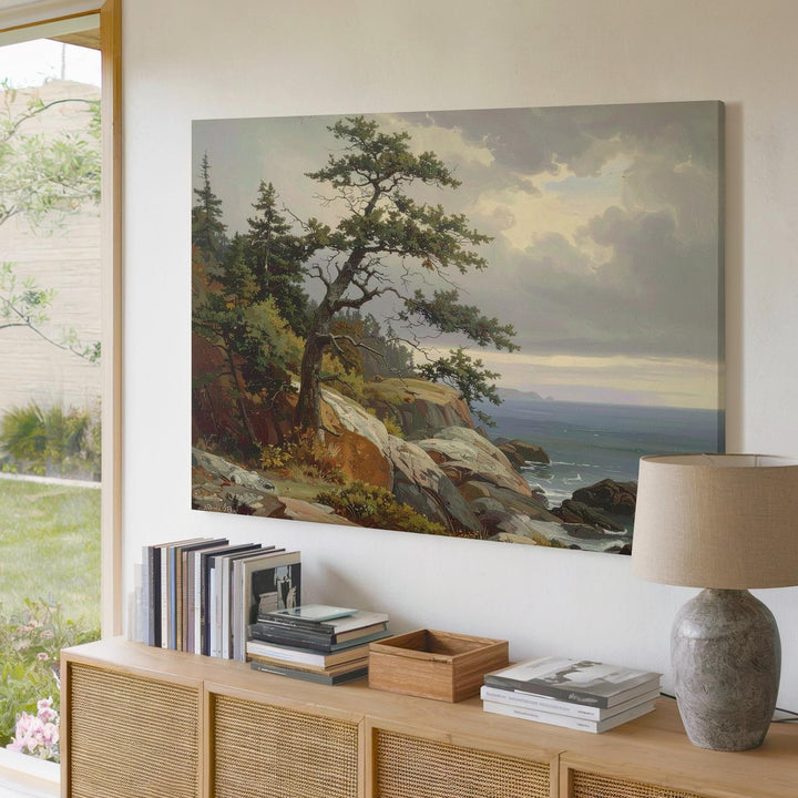 Enduring Coastline Canvas – Vertical Rocky Seascape with Lone Pine & Gray Sky - Gifitto