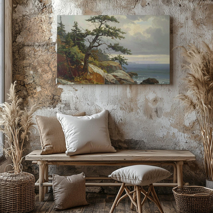 Enduring Coastline Canvas – Vertical Rocky Seascape with Lone Pine & Gray Sky - Gifitto
