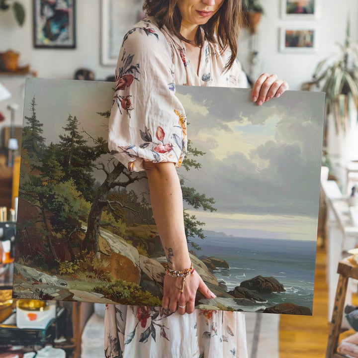Enduring Coastline Canvas – Vertical Rocky Seascape with Lone Pine & Gray Sky - Gifitto