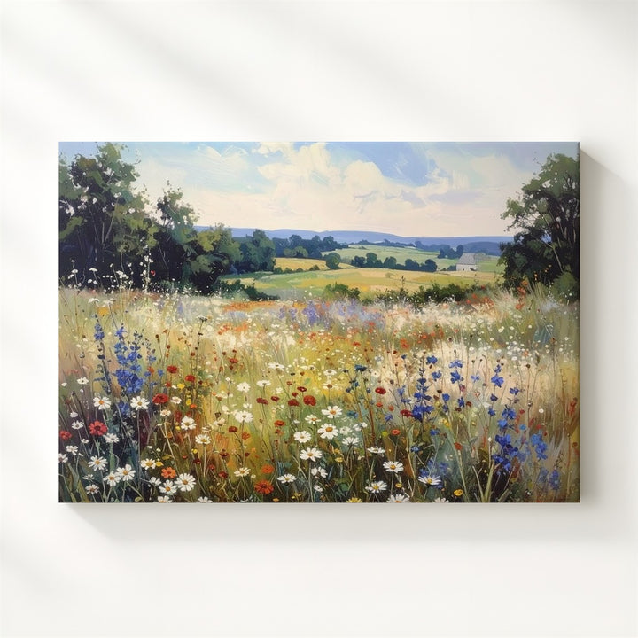 Countryside Bloom Canvas – Realistic Wildflower Meadow with Distant Cottage - Gifitto
