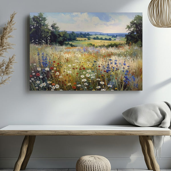 Countryside Bloom Canvas – Realistic Wildflower Meadow with Distant Cottage - Gifitto