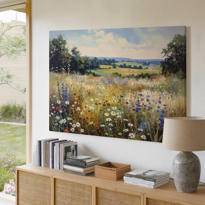 Countryside Bloom Canvas – Realistic Wildflower Meadow with Distant Cottage - Gifitto