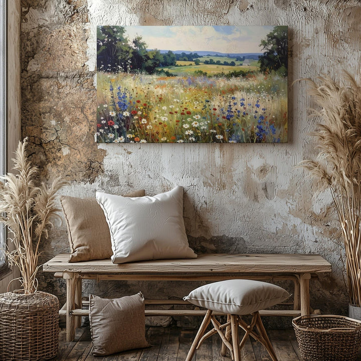 Countryside Bloom Canvas – Realistic Wildflower Meadow with Distant Cottage - Gifitto