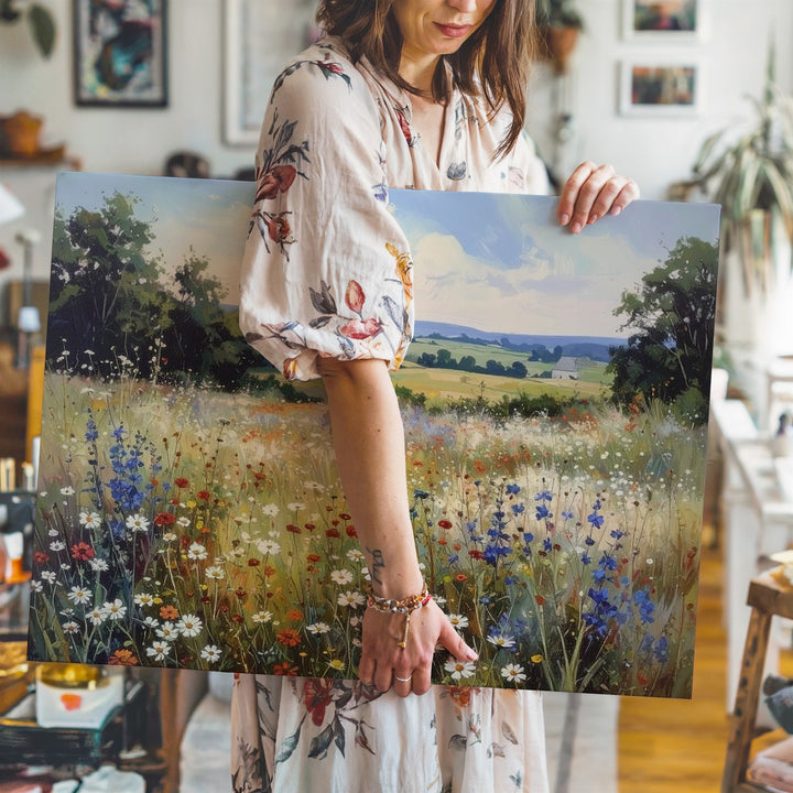 Countryside Bloom Canvas – Realistic Wildflower Meadow with Distant Cottage - Gifitto