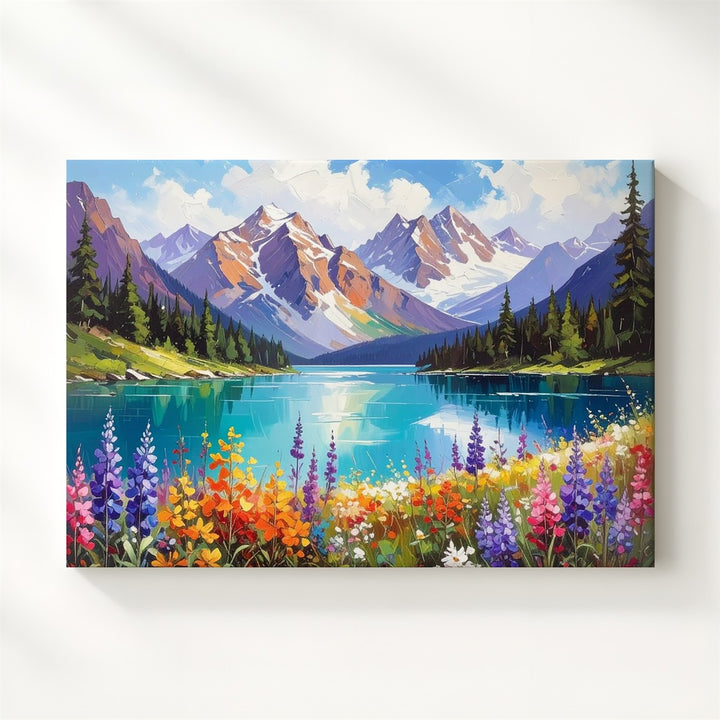 Alpine Bloom Vista Canvas – Vibrant Wildflower Field with Turquoise Lake & Mountains - Gifitto