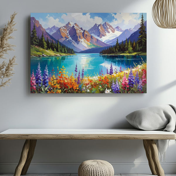 Alpine Bloom Vista Canvas – Vibrant Wildflower Field with Turquoise Lake & Mountains - Gifitto