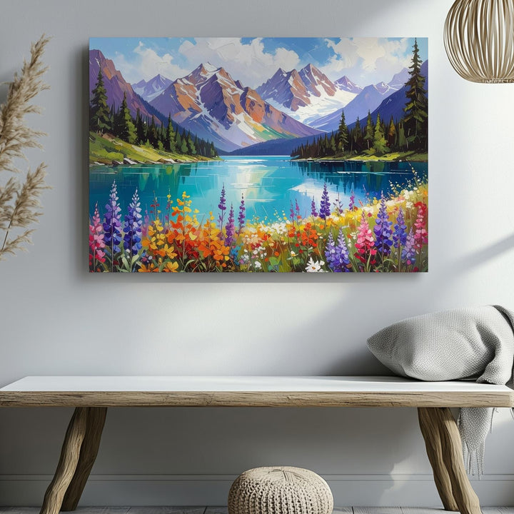 Alpine Bloom Vista Canvas – Vibrant Wildflower Field with Turquoise Lake & Mountains - Gifitto