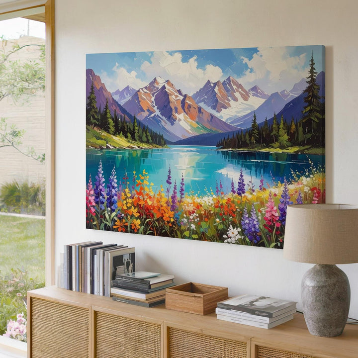 Alpine Bloom Vista Canvas – Vibrant Wildflower Field with Turquoise Lake & Mountains - Gifitto