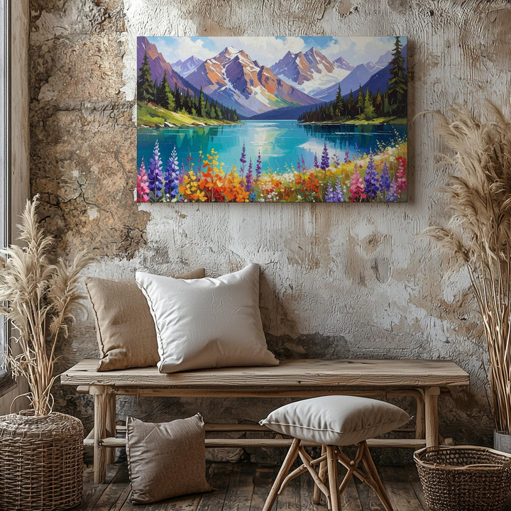 Alpine Bloom Vista Canvas – Vibrant Wildflower Field with Turquoise Lake & Mountains - Gifitto