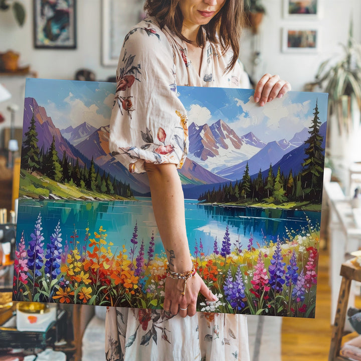 Alpine Bloom Vista Canvas – Vibrant Wildflower Field with Turquoise Lake & Mountains - Gifitto