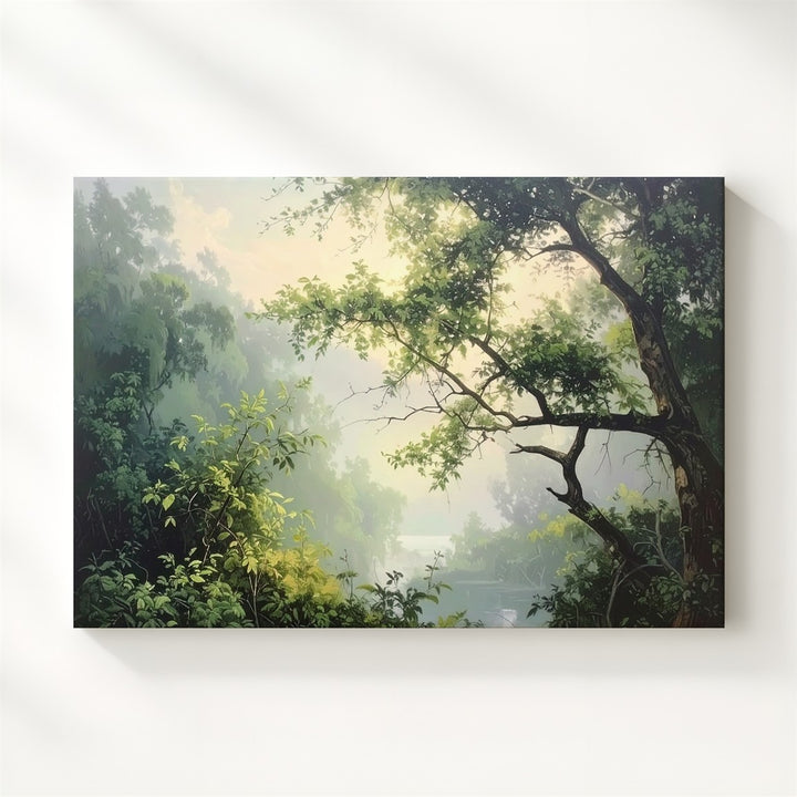 Whispering Branch Canvas – Minimalist Dawn Forest with Soft Green Leaves - Gifitto