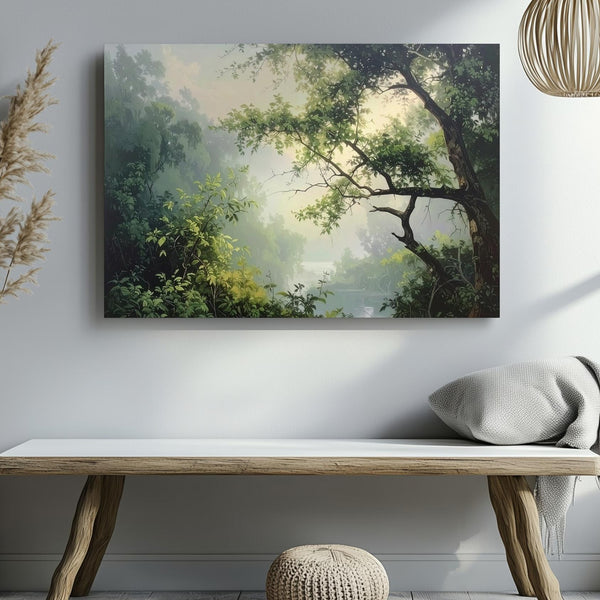 Whispering Branch Canvas – Minimalist Dawn Forest with Soft Green Leaves - Gifitto