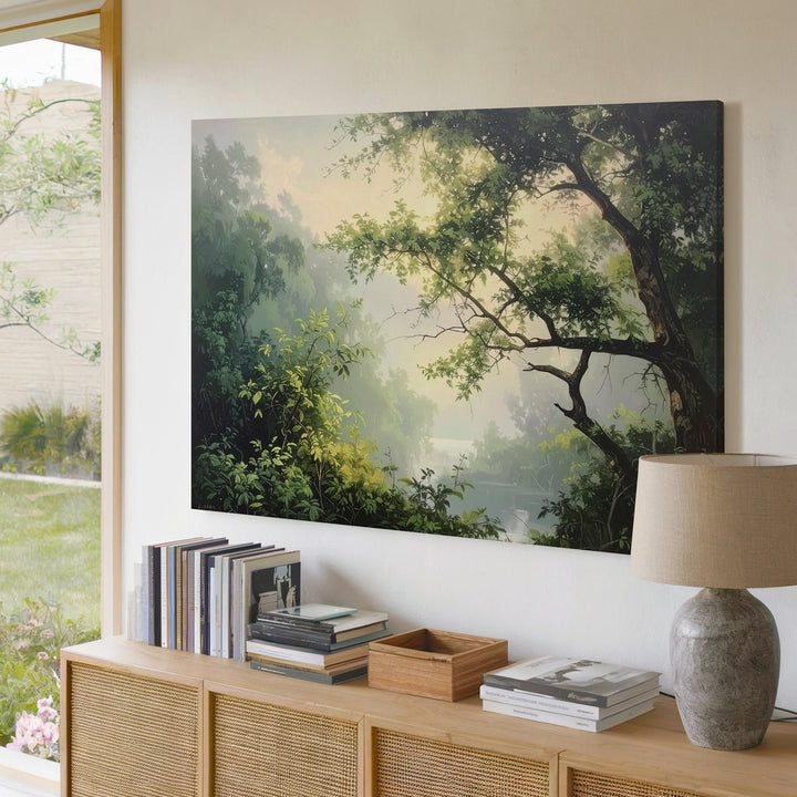 Whispering Branch Canvas – Minimalist Dawn Forest with Soft Green Leaves - Gifitto