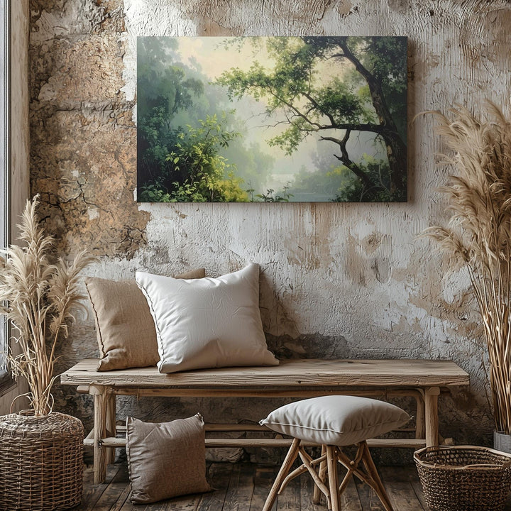 Whispering Branch Canvas – Minimalist Dawn Forest with Soft Green Leaves - Gifitto