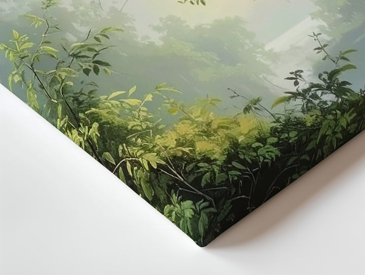 Whispering Branch Canvas – Minimalist Dawn Forest with Soft Green Leaves - Gifitto