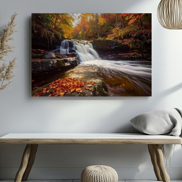 Autumn Cascade Canvas – Realistic Waterfall Scene with Fall Foliage & Rock Detail - Gifitto
