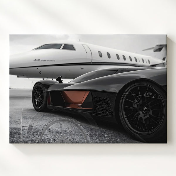 Aviation & Asphalt Canvas – Black Hypercar with Private Jet on Airstrip - Gifitto
