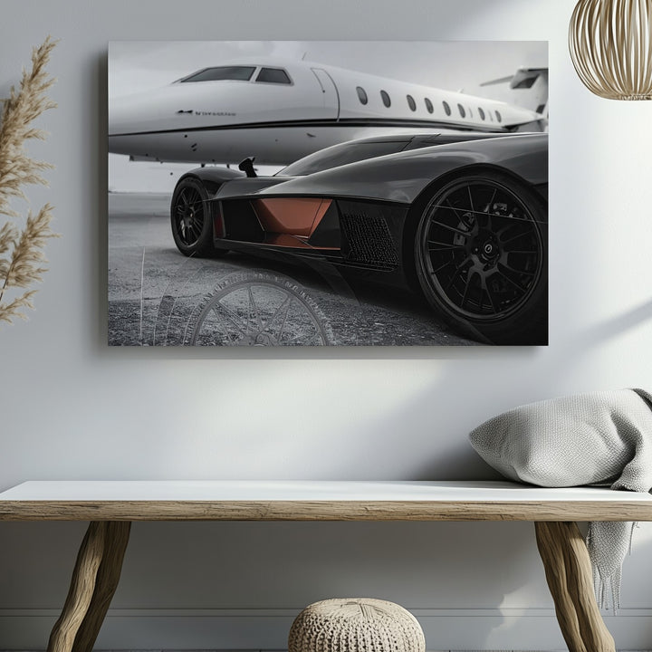 Aviation & Asphalt Canvas – Black Hypercar with Private Jet on Airstrip - Gifitto