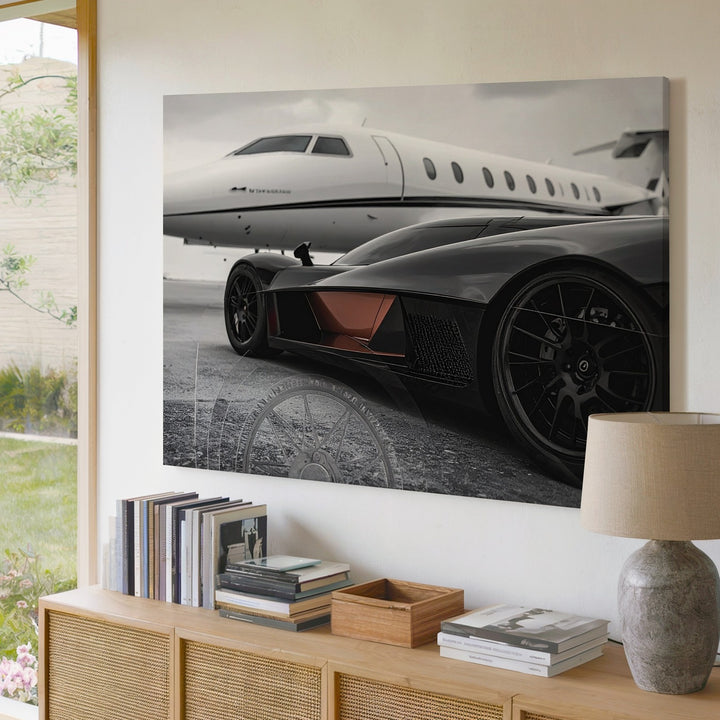 Aviation & Asphalt Canvas – Black Hypercar with Private Jet on Airstrip - Gifitto