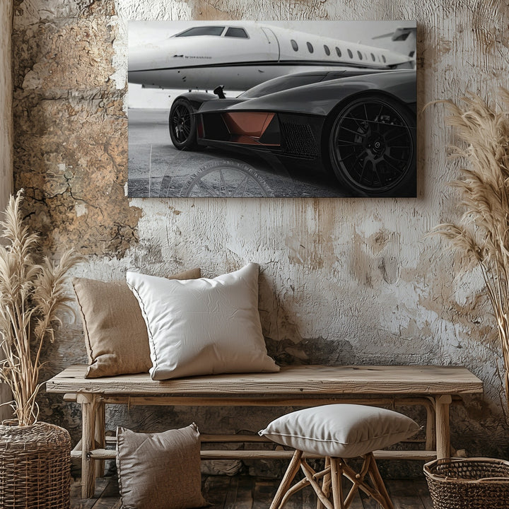 Aviation & Asphalt Canvas – Black Hypercar with Private Jet on Airstrip - Gifitto