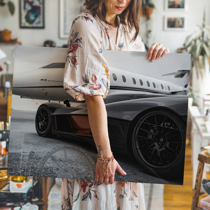 Aviation & Asphalt Canvas – Black Hypercar with Private Jet on Airstrip - Gifitto
